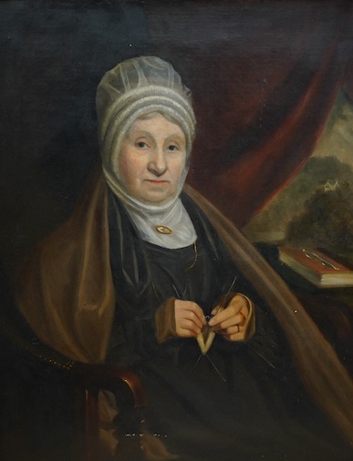 Early 19th century, English school, oil on canvas, Portrait of an elderly lady, 90 x 70cm, ornate gilt framed. Condition - fair